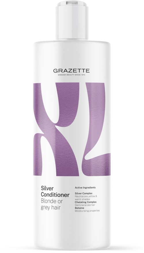 Een witte fles met conditioner met paarse letters en tekst voor blond of grijs haar.