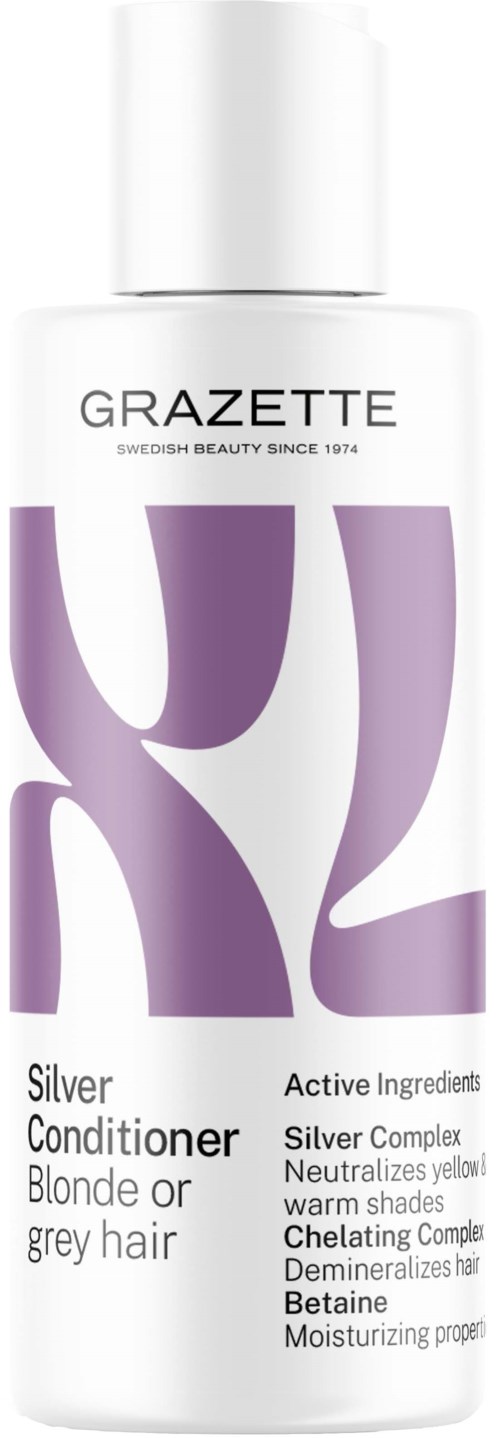 Een witte fles met paarse ontwerpen, gelabeld als Grazette Silver Conditioner voor blond of grijs haar.