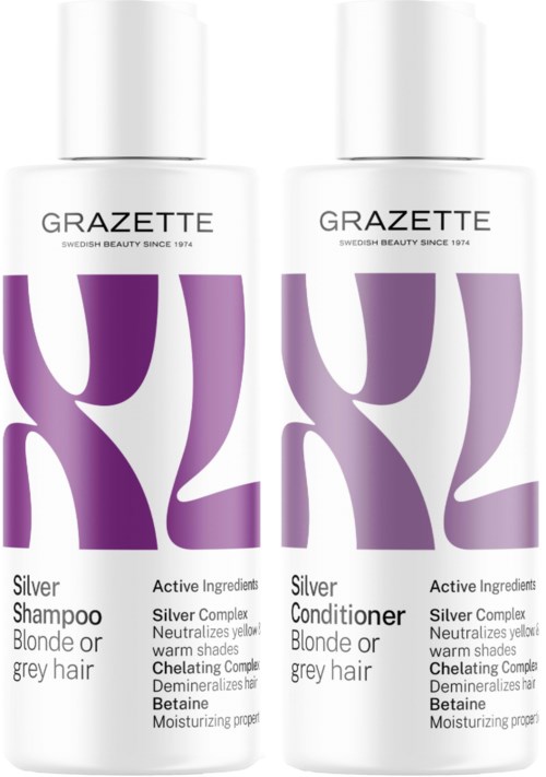 Twee flessen GRAZETTE haarverzorgingsproducten, een shampoo en een conditioner, voor blond of grijs haar.