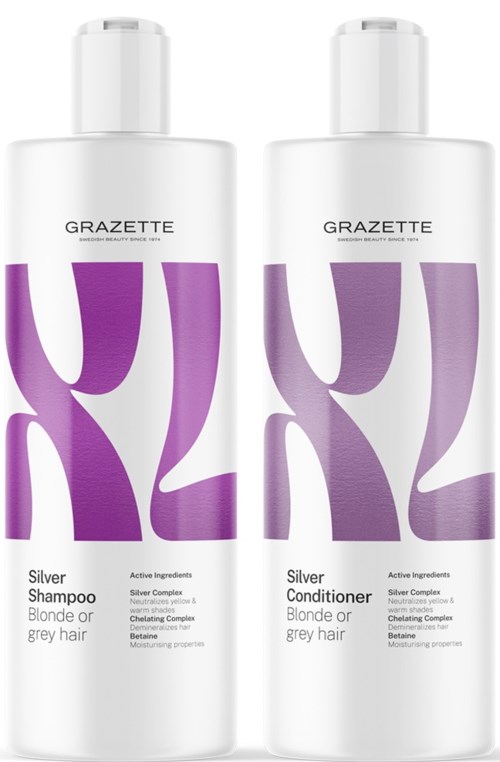 Twee witte flessen shampoo en conditioner met paarse abstracte ontwerpen, bedoeld voor blond of grijs haar.