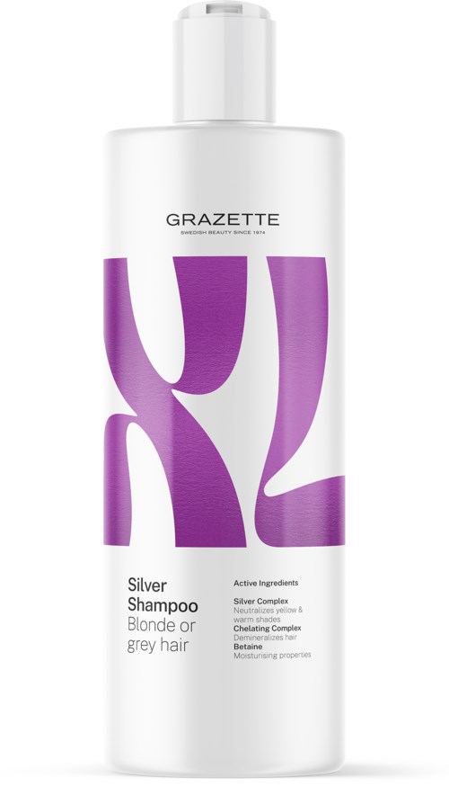 Eine weiße Flasche mit lila Text und Formen. Es ist Shampoo für blondes oder graues Haar. Die Marke ist Grazette.