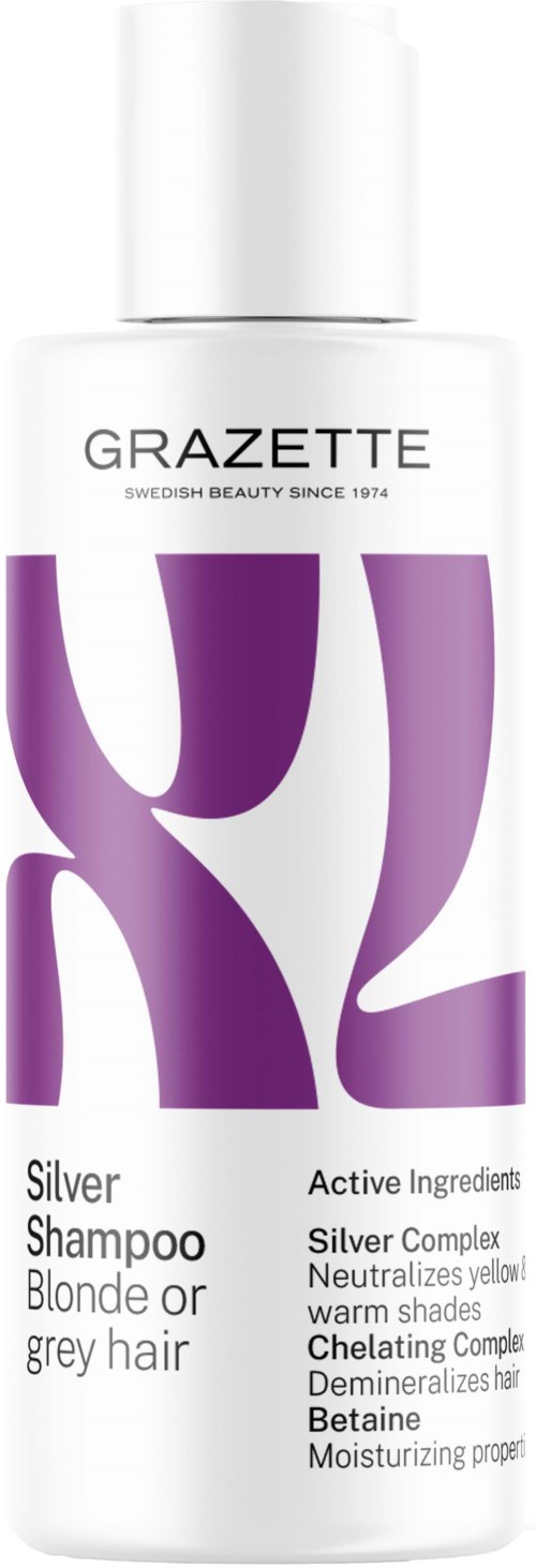 A white bottle with purple abstract shapes, labeled 'GRAZETTE Silver Shampoo for blonde or gray hair.'