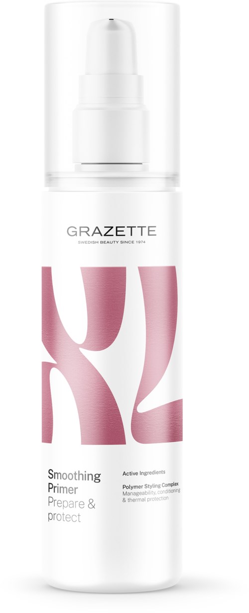 Een witte fles met roze accenten, gelabeld Grazette Smoothing Primer, bedoeld om de huid voor te bereiden en te beschermen.