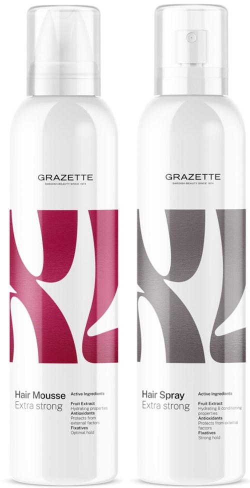 Twee witte flessen met 'GRAZETTE' label, een voor haarmousse en een voor haar sprays, beide met modern ontwerp.
