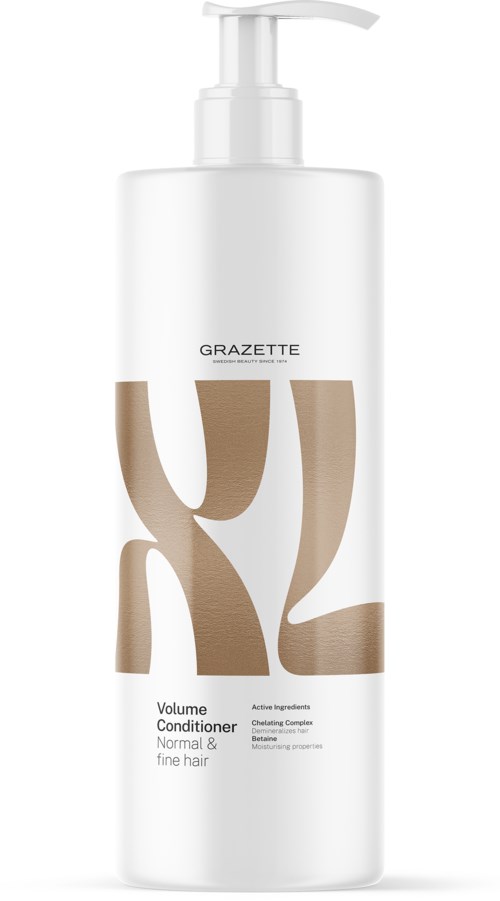 Eine weiße Flasche mit Dosierer, beschriftet 'GRAZETTE' und 'Volume Conditioner' für normales und feines Haar.