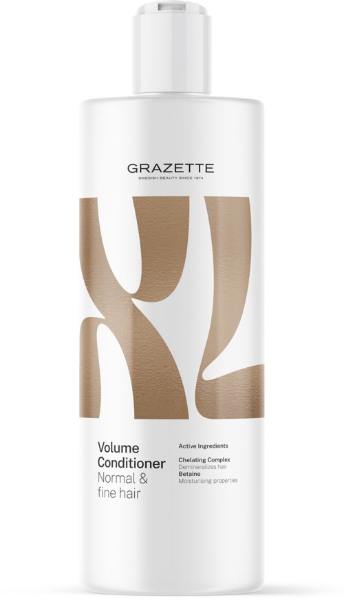 Een witte fles met bruine en beige abstracte vormen, met het label "GRAZETTE Volume Conditioner voor normaal en fijn haar."