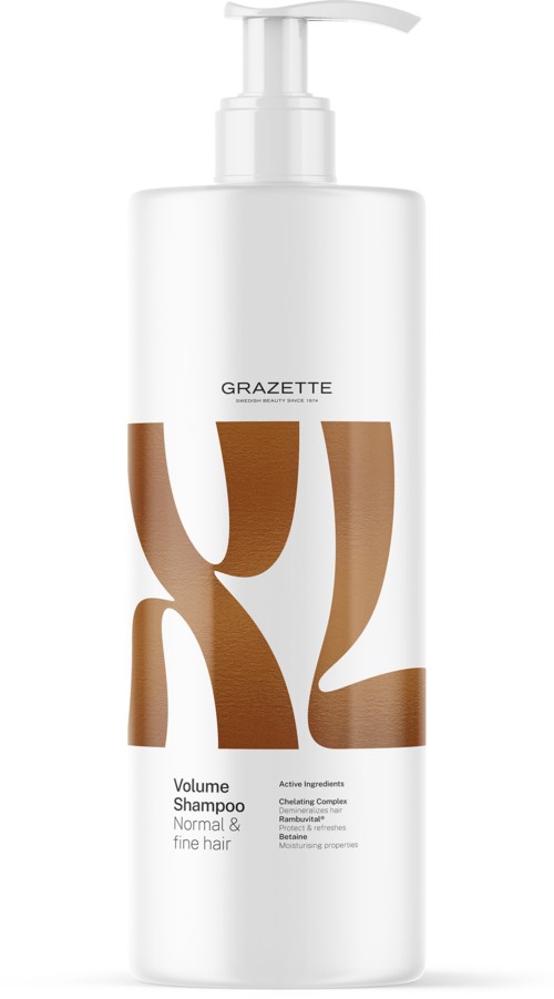 Eine weiße Flasche mit Pumpfunktion, gekennzeichnet "GRAZETTE Volume Shampoo" für normales und feines Haar, mit großen braunen Buchstaben.