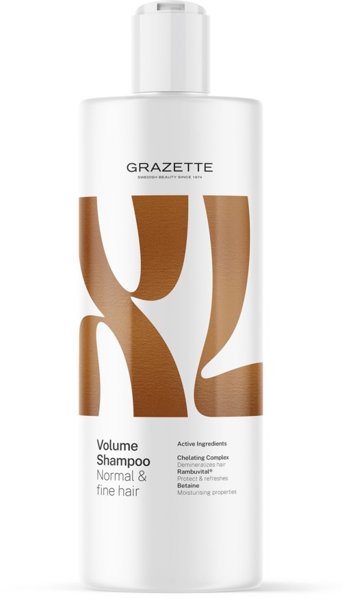 Eine weiße Flasche mit 'GRAZETTE' und großen braunen abstrakten Formen sowie kleinerem Text über Volumenshampoo.