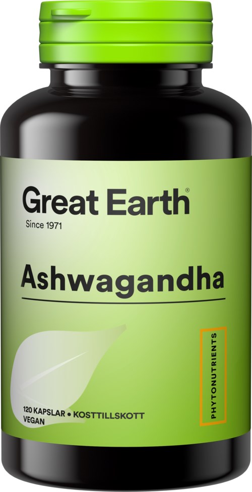 En svart flaske med en lysende grønn kork og etikett. Etiketten viser navnet 'Great Earth Ashwagandha' og plantegrafikk.