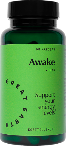 En grønn flaske merket 'Awake', støtter energi, vegansk, med 60 kapsler, og ordene 'Great Earth' sirkler rundt.