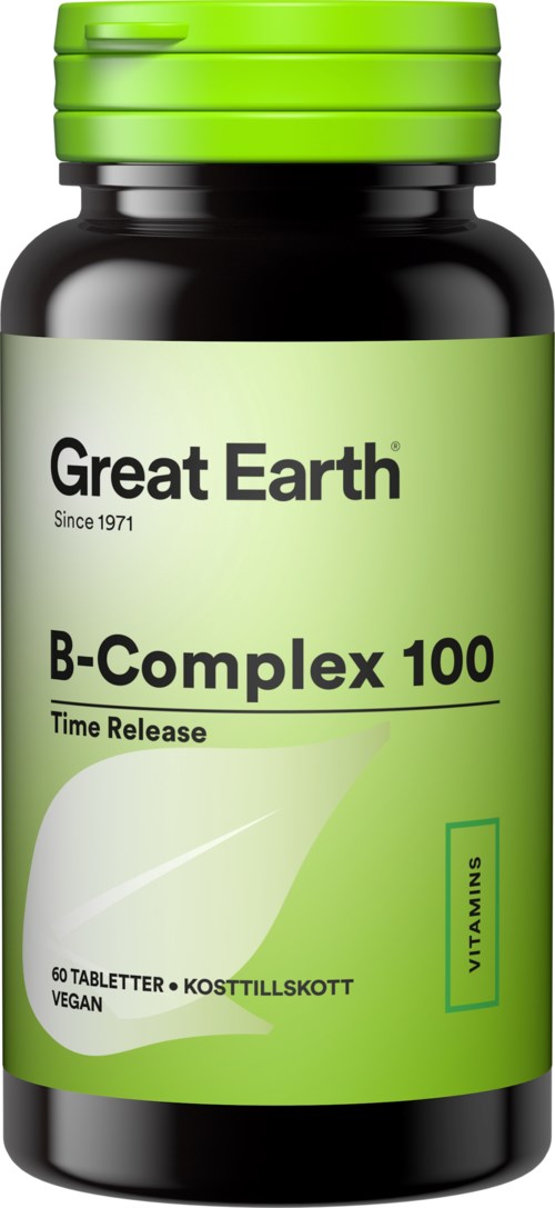 En svart flaska med grönt lock och etikett som visar "Great Earth B-Complex 100" samt information om vitaminer och veganska tabletter.