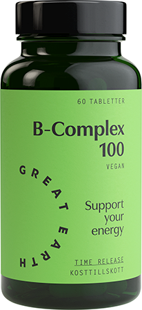 Grön kosttillskapsflaska märkt B-Complex 100, stödjer energi, vegan, med 60 tabletter, tid-release.