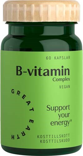 En grønn kosttilskudtsflaske merket B-vitamin kompleks med 60 kapsler, støtter energi og er vegansk.