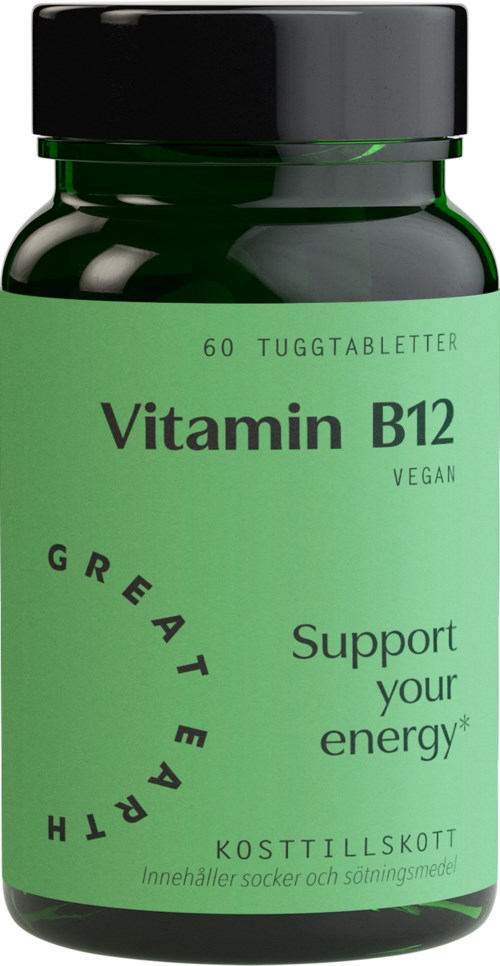 Grønn flaske merket Vitamin B12, vegansk, støtter energi, inneholder sukker og søtningsmidler, 60 tabletter.