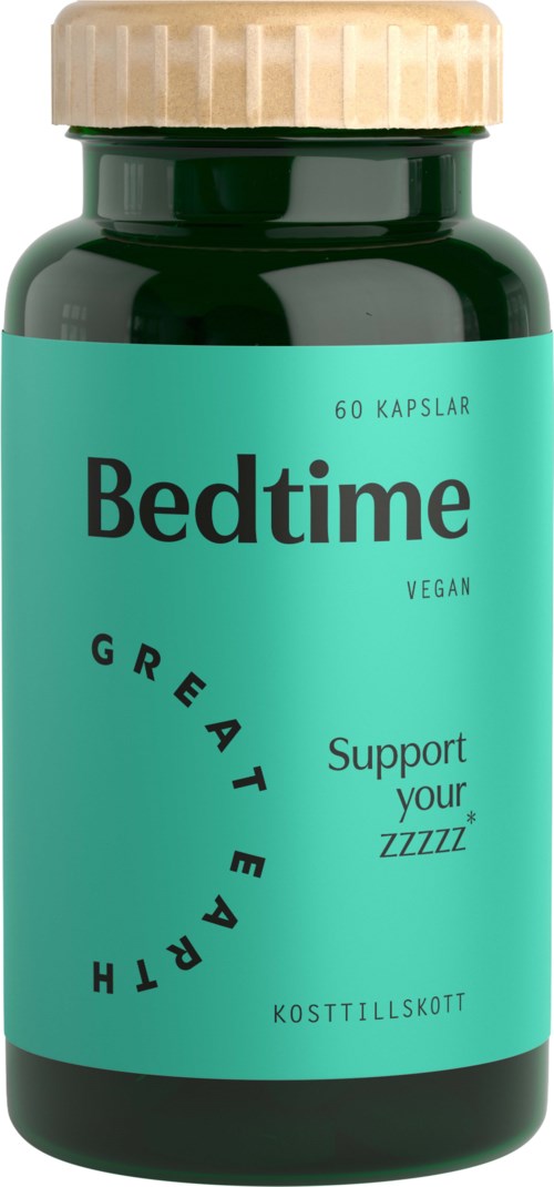 En grön flaska med etiketten 'Bedtime' och beige lock, stöder en vilsam sömn, vegansk, innehåller 60 kapslar.