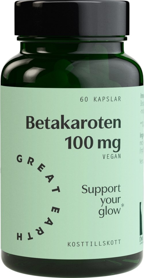 Grønn flaske med Betakaroten 100 mg vegansk kosttilskudd for hudstøtte og glød, inneholder 60 kapsler.
