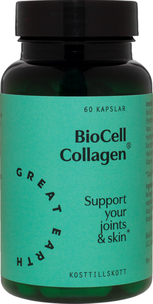 En grön flaska märkt BioCell Collagen som stödjer leder och hud, innehållande 60 kapslar.