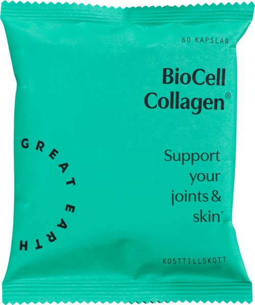 Ett turkost paket märkt 'BioCell Collagen' stöder leder och hud, med 60 kapslar innanför.