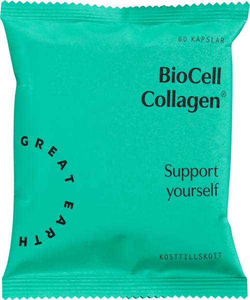 Grön förpackning märkt BioCell Collagen, stöder hälsa, innehåller 60 kapslar, med orden "Great Earth" i en båge.