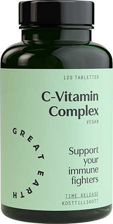 Grön flaska med etikett som visar C-Vitamin Komplext, vegansk, stödjer immunförsvaret, 120 tabletter.