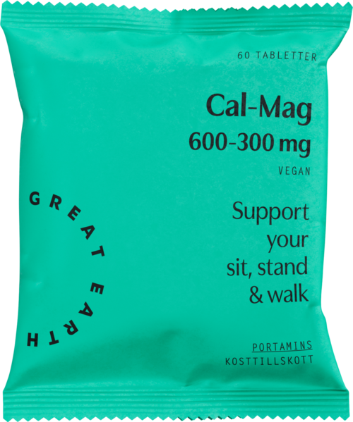 A teal package labeled Cal-Mag 600-300 mg, promoting bone health, vegan, with 60 tablets for support in activity.