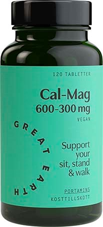 A green bottle with a teal label showing 'Cal-Mag 600-300 mg' and text about supporting sit, stand, and walk.