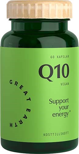 Green bottle with a beige cap, labeled Q10 vegan supplement that says "Support your energy."