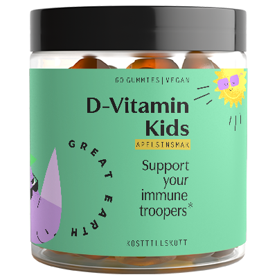Green container of D-Vitamin Kids gummies with a purple and a sun icon, supporting immune health, vegan, 50 gummies.