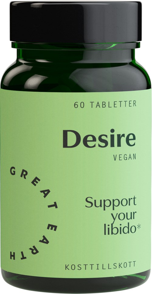 Grön burk med svart lock, märkt 'Desire Vegan', stödjer libido, innehåller 60 tabletter, och är ett kosttillskott.