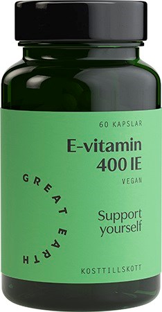 A green bottle labeled E-vitamin 400 IU, vegan, supports health, contains 60 capsules, and encourages self-care.