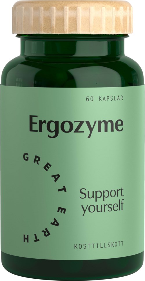 Grön kosttillskottsflaska med beige lock, märkt 'Ergozyme' som stödjer hälsa och välbefinnande.