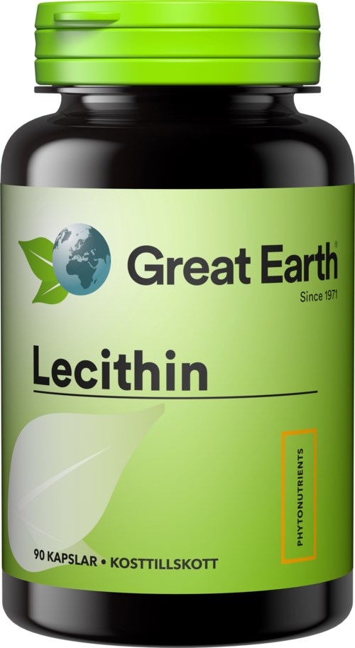 En kosttillskottsflaska märkt "Great Earth Lecithin" med grön lock och grön etikett, med bilder av jorden och blad.