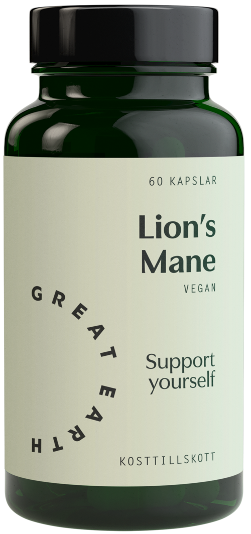 En grønn flaske med Lion's Mane-tilskudd, hvit etikett, svart lokk og tekst om støtte og veganske ingredienser.
