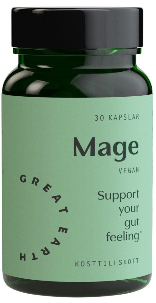 En grön flaska märkt "Mage" med svart lock, stödjer tarmhälsa och är vegansk, innehåller 30 kapslar.