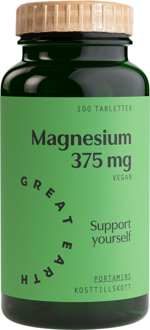 Green bottle label for magnesium supplements, 375mg, vegan, supports health, with text in English and Swedish.