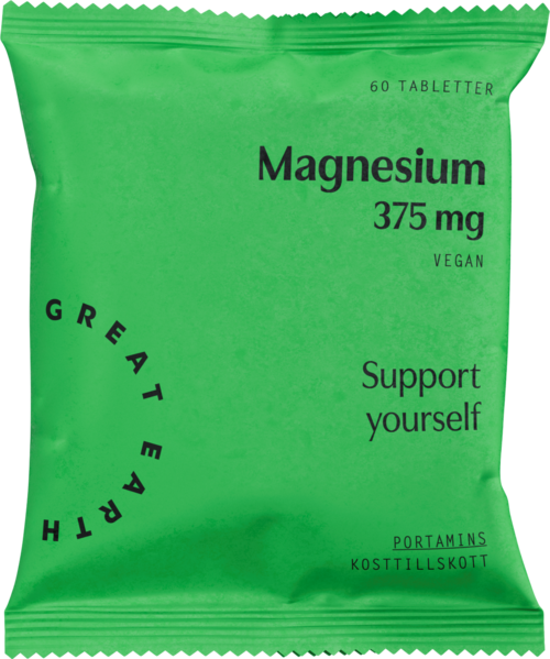 Green packet labeled 'Magnesium 375 mg, vegan, support yourself, great health, tablets, dietary supplement.'