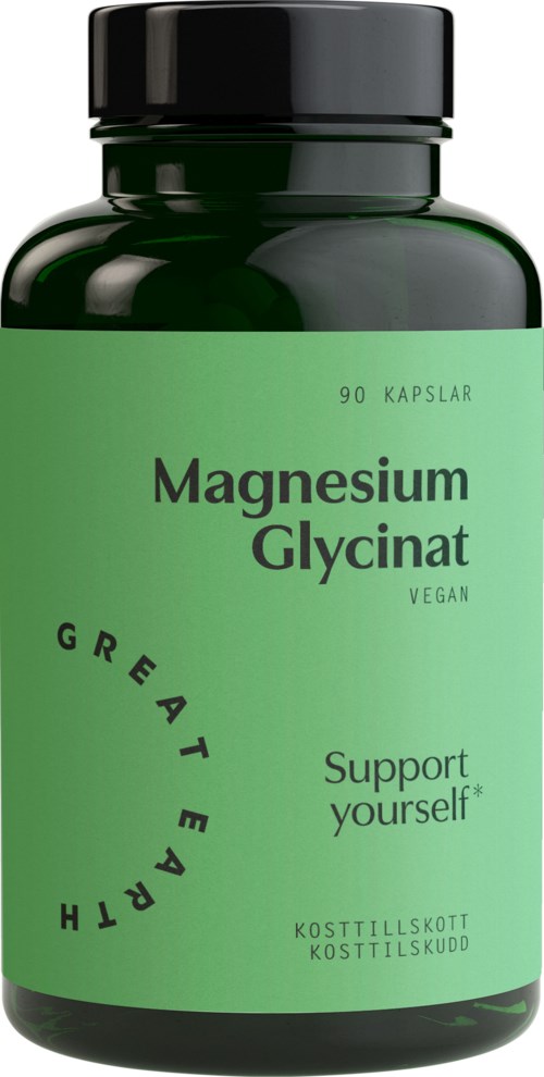 A green bottle labeled Magnesium Glycinate with black cap, promoting health and vegan support, contains 90 capsules.