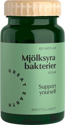 Grön flaska märkt 'Mjölksyrabakterier' för att stödja hälsa, vegansk, innehåller 60 kapslar.
