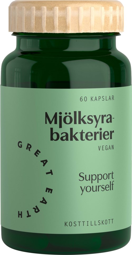 En grön flaska märkt med probiotika, vegan, stöder hälsan, innehåller 60 kapslar och är ett kosttillskott.