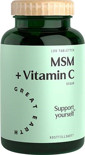 Grønn kosttilskuddsflaske med lys krukke, merket MSM + Vitamin C, vegansk, støtter helsen, inneholder 120 tabletter.