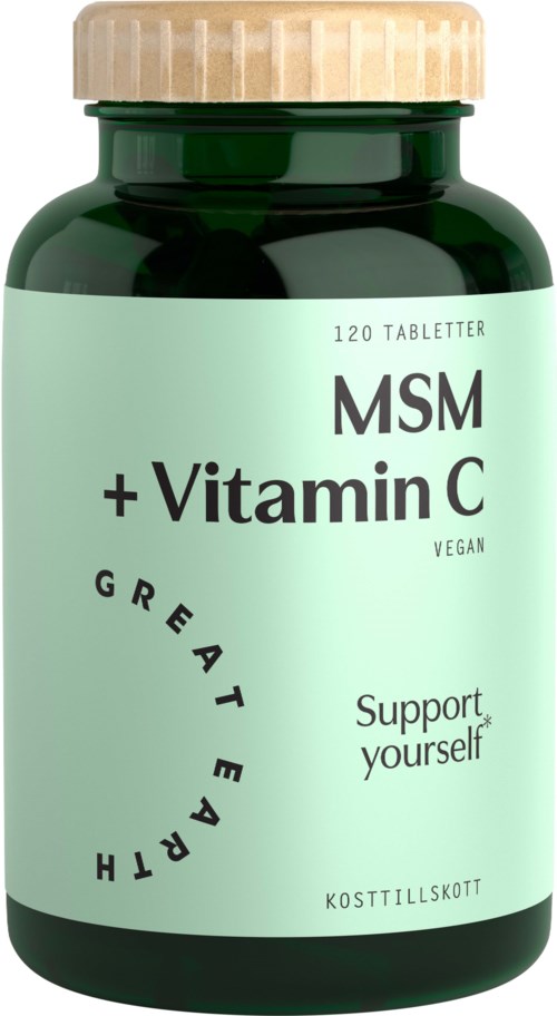 Grønn flaske med MSM og Vitamin C-tabletter, støtter helse, vegansk, 120 tabletter, og sier 'support yourself'.