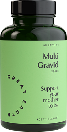 En grön flaska märkt 'Multi Gravid' som stöder blivande mödrar, med 60 kapslar för vegansk hälsa och näring.