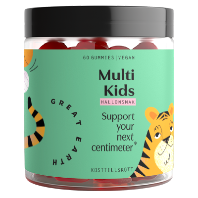 En krukke med veganske gummies kalt Multi Kids med en tigerillustrasjon og fargerik etikett.