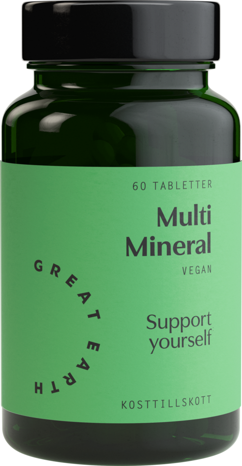 Green bottle of vegan multivitamins with support message, containing 60 tablets.