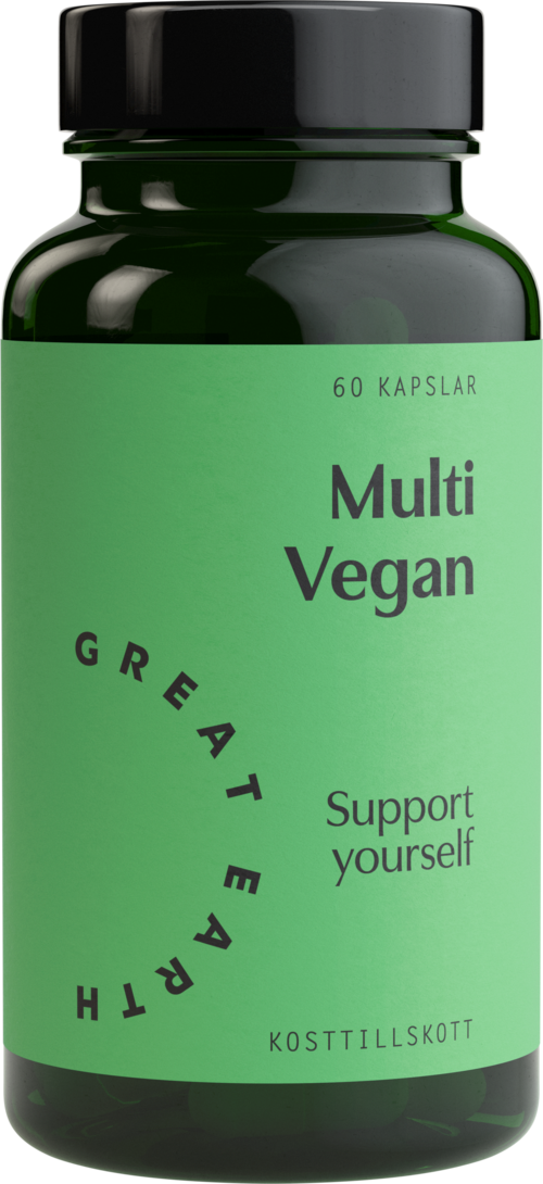 Green bottle with black lid, labeled 'Multi Vegan' and 'Support yourself,' containing 60 capsules.