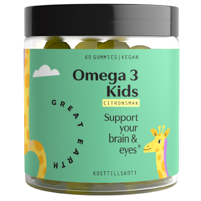 Vegan omega 3 gummies for kids, supports brain and eye health, lemon flavor, with a giraffe illustration, 60 pieces.