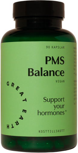 Grønn kosttilskuddsflaske merket PMS Balance som støtter hormoner, vegansk, 90 kapsler, naturlig kosttilskudd.