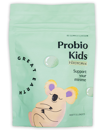 Veganska probiotiska gummibjörnar för barn med smak av granatäpple, med en söt koala på förpackningen.