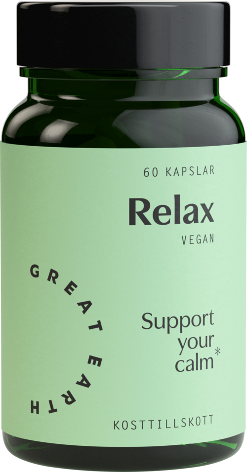 En grønn flaske merket "Relax" inneholder 60 veganske kapsler for beroligende støtte.