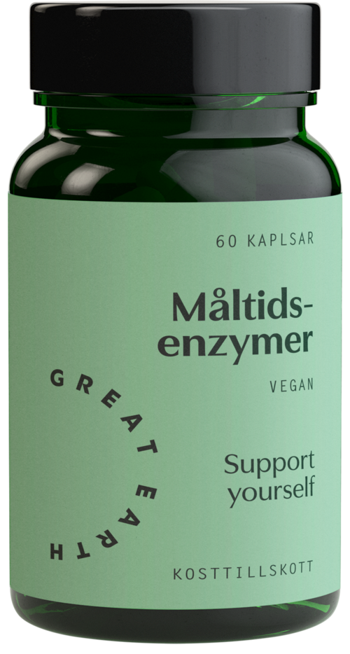 Grønn flaske med svart lokk, merket som vegansk matenzymtilskudd, inneholder 60 kapsler.
